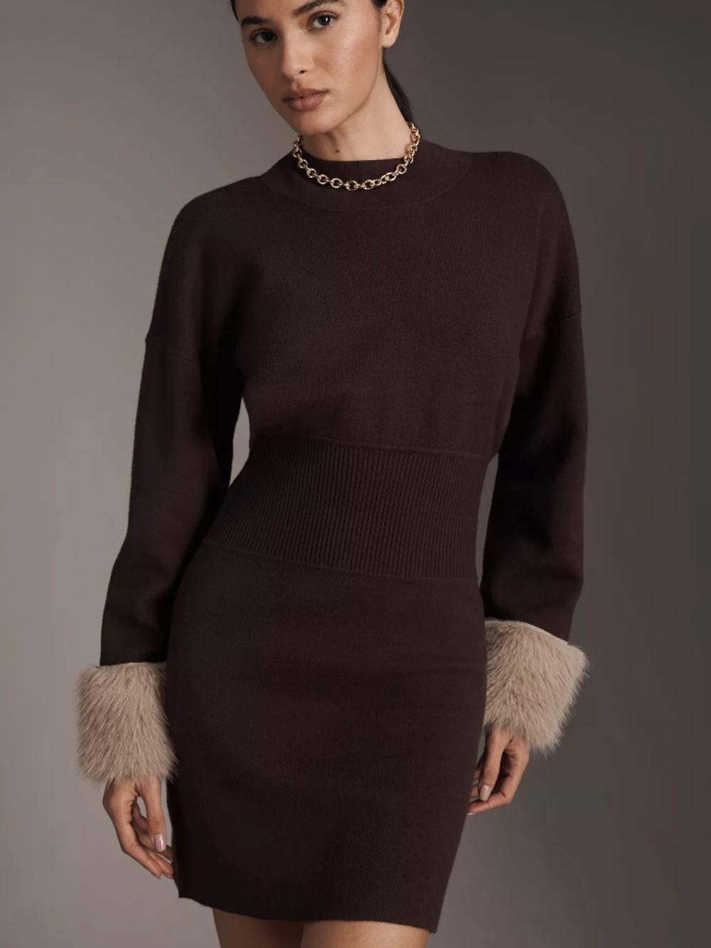 Anthropologie Long-Sleeve Faux Fur Trim Sweater Mini Dress in Coffee Bean Brown